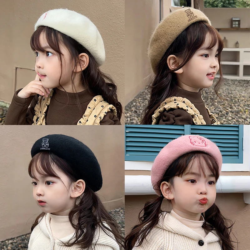 儿童贝雷帽女童帽子洋气秋冬韩版百搭羊毛蓓蕾帽潮复古画家帽卡通