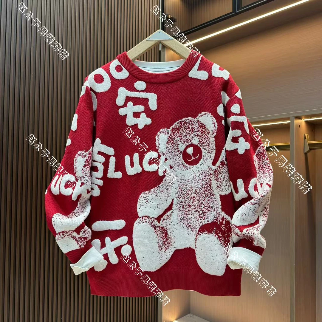 卡通提花小熊毛衣男士冬季潮流设计感圆领套头上衣情侣宽松针织衫