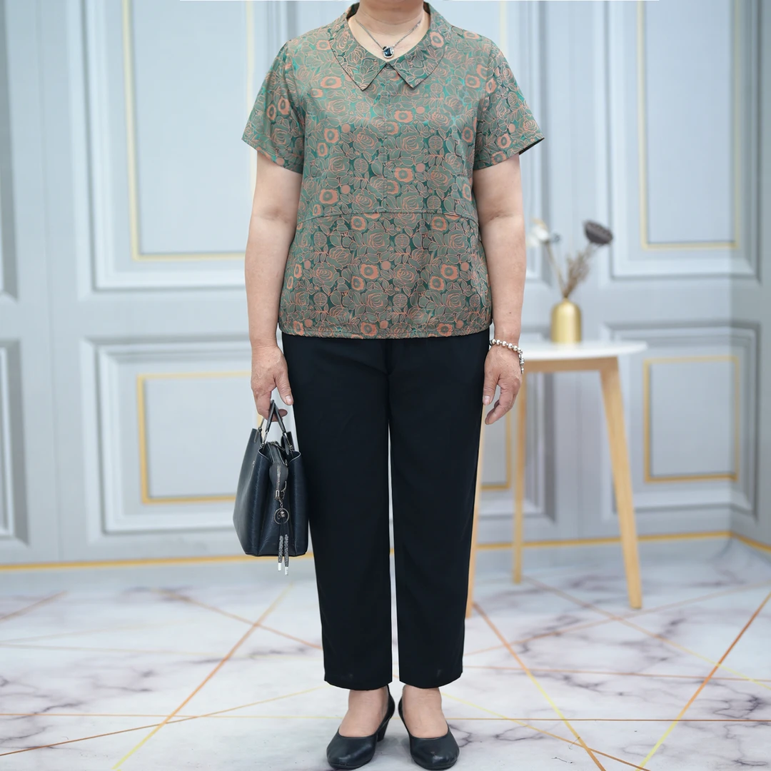 妈妈装花色满印套头两件套女宽松2024夏季奶奶装居家休闲洋气套装