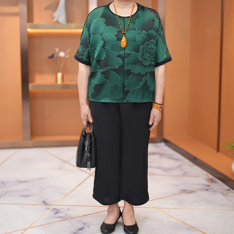 大码妈妈装洋气遮肚套装女2024夏季新款中老年印花休闲短袖两件套