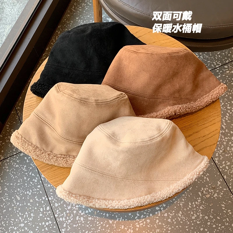 冬季帽子女款双面戴鹿皮绒水桶帽加厚羊羔绒保暖渔夫帽子百搭盆帽