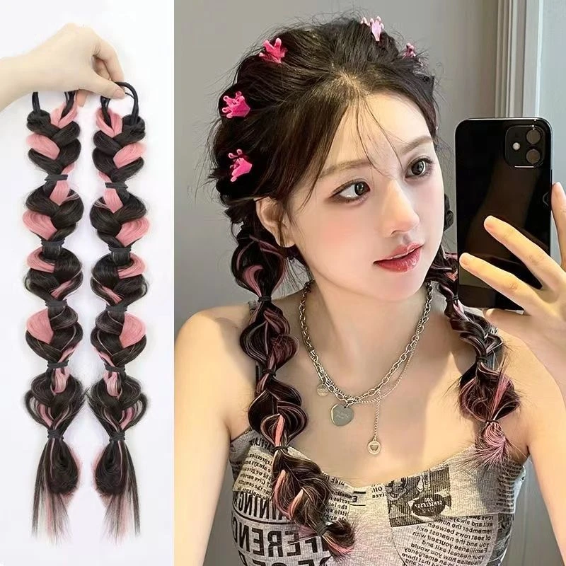 泡泡挑染麻花辫泡泡辫女挑染粉马尾绑带式网红马尾辫子麻花辫女孩