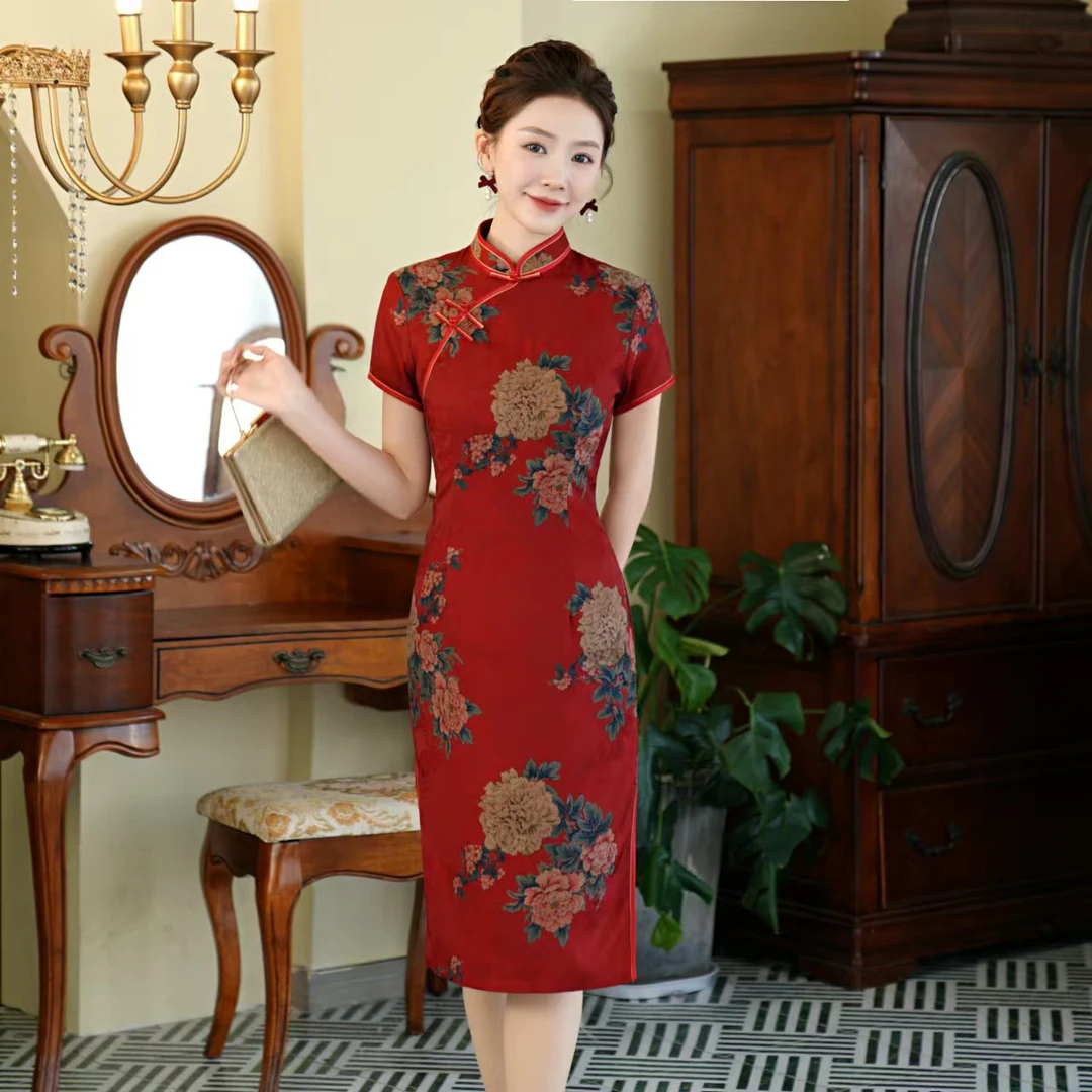 夏季日常妈妈装修身中长款短袖旗袍裙