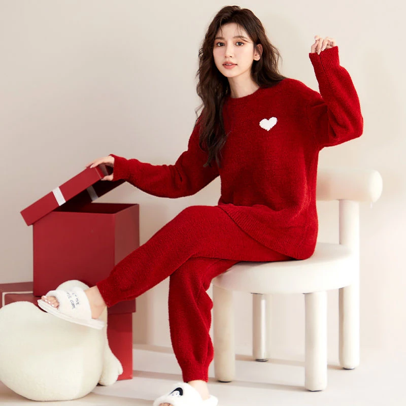 秋冬季珊瑚绒结婚睡衣女加厚2025新款保暖半边绒家居服本命年红色