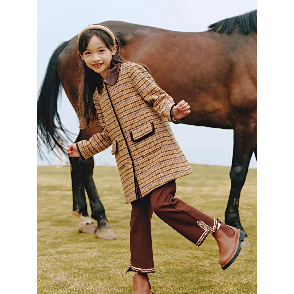 [商场同款]EP雅莹童装秋冬女童新款学院风格纹撞色呢大衣外套