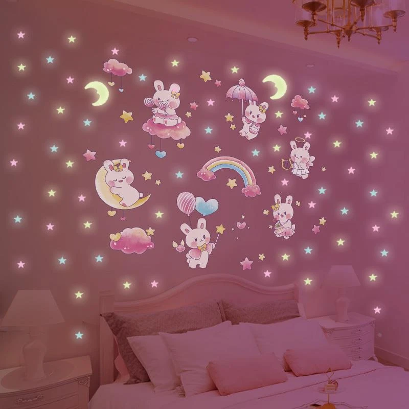 网红温馨儿童女儿公主房间卧室床头背景墙贴纸立体夜光贴装饰墙面