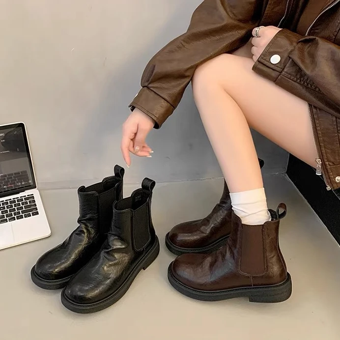 【年末断码清】欧洲站6107-1牛皮加绒时尚切尔西靴短靴