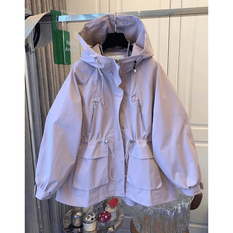 2024秋装高级感休闲运动拉链连帽工装风衣冲锋衣宽松时尚中长外套