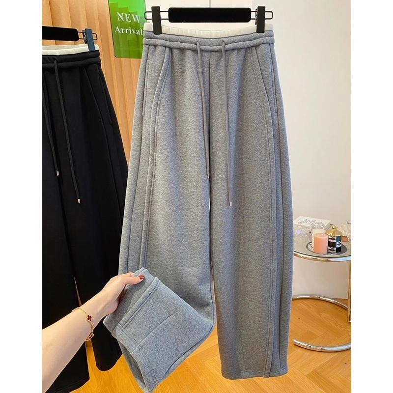 韩系软糯亲肤磨毛香蕉裤卫裤女冬宽松休闲加绒加厚弯刀裤长新款