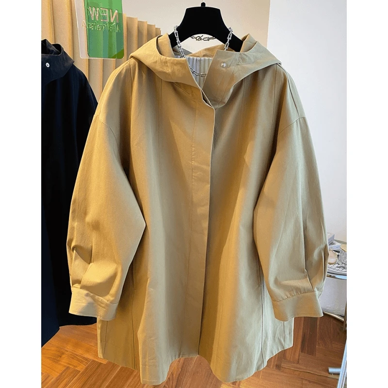 韩国高级感中长款连帽风衣外套女春秋2024新款宽松休闲老钱风大衣