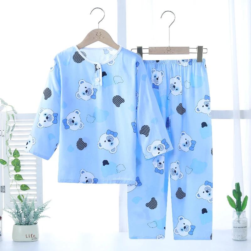 2023夏季男童女童长袖长裤棉绸睡衣套装宝宝夏天儿童空调服家居服