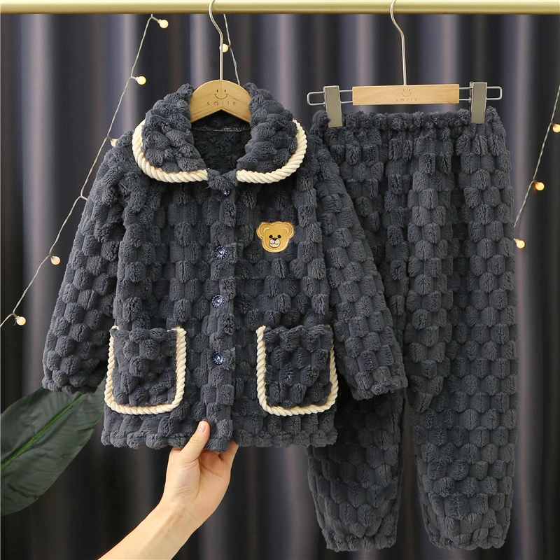 秋冬季儿童珊瑚绒睡衣男童女童加厚款法兰绒男孩家居服宝宝套装