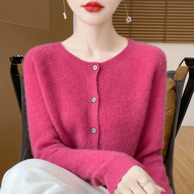 圆领桂花开衫女100纯羊毛衫24秋冬款一线成衣毛衣休闲羊绒针织衫