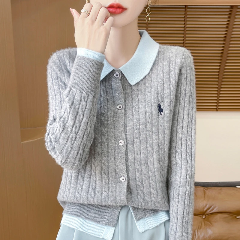 时髦气质~刺绣小马翻领绞花女撞色羊毛针织开衫外套毛衣