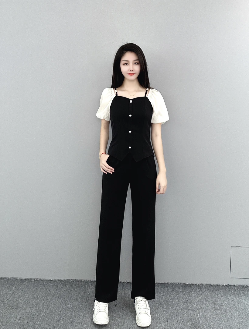 SHILIGE/思莉歌法式撞色一字肩套裤夏季新款时尚休闲显瘦两件套