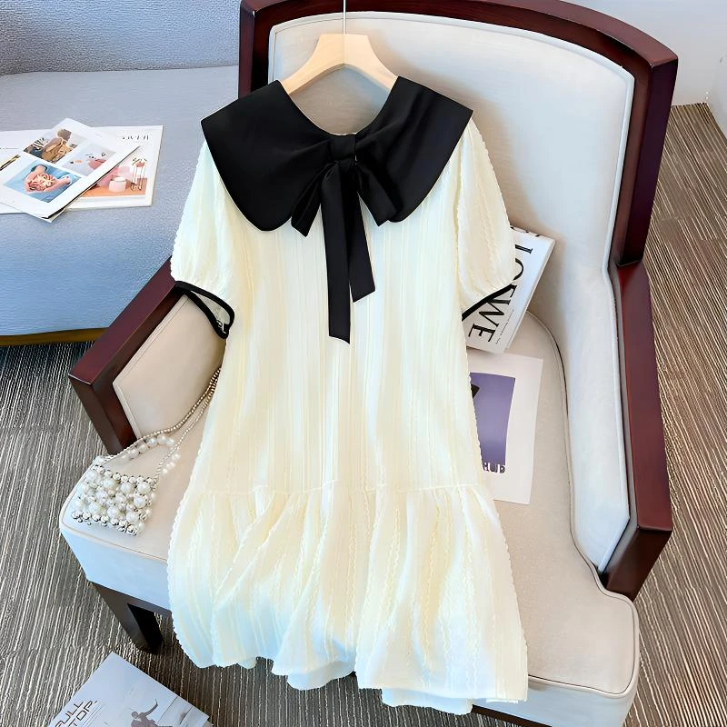 大码女装2024夏季新款连衣裙胖妹妹法式娃娃领宽松显瘦短袖裙子