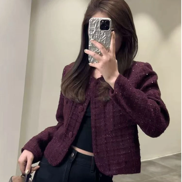 小香风外套女2024秋冬新款红色圆领高级感气质名媛粗花呢短款上衣