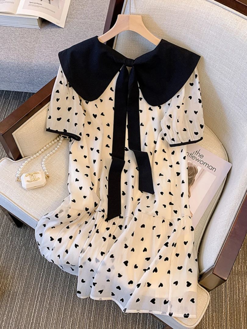 大码女装连衣裙2025夏季新款胖MM法式娃娃领减龄宽松显瘦短袖裙子