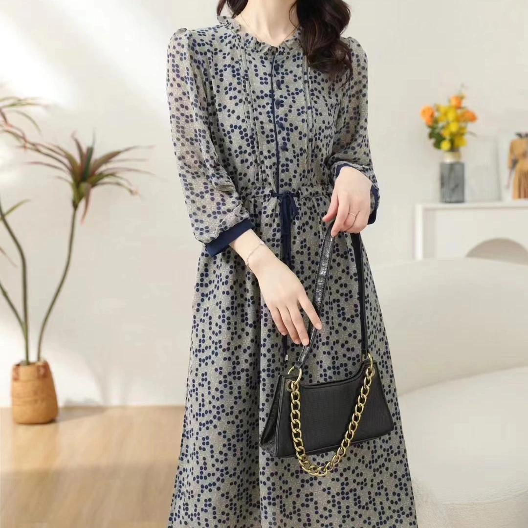 【繁星点点】新款秋季长袖蓝色波点连衣裙收腰显瘦系带气质长裙6944