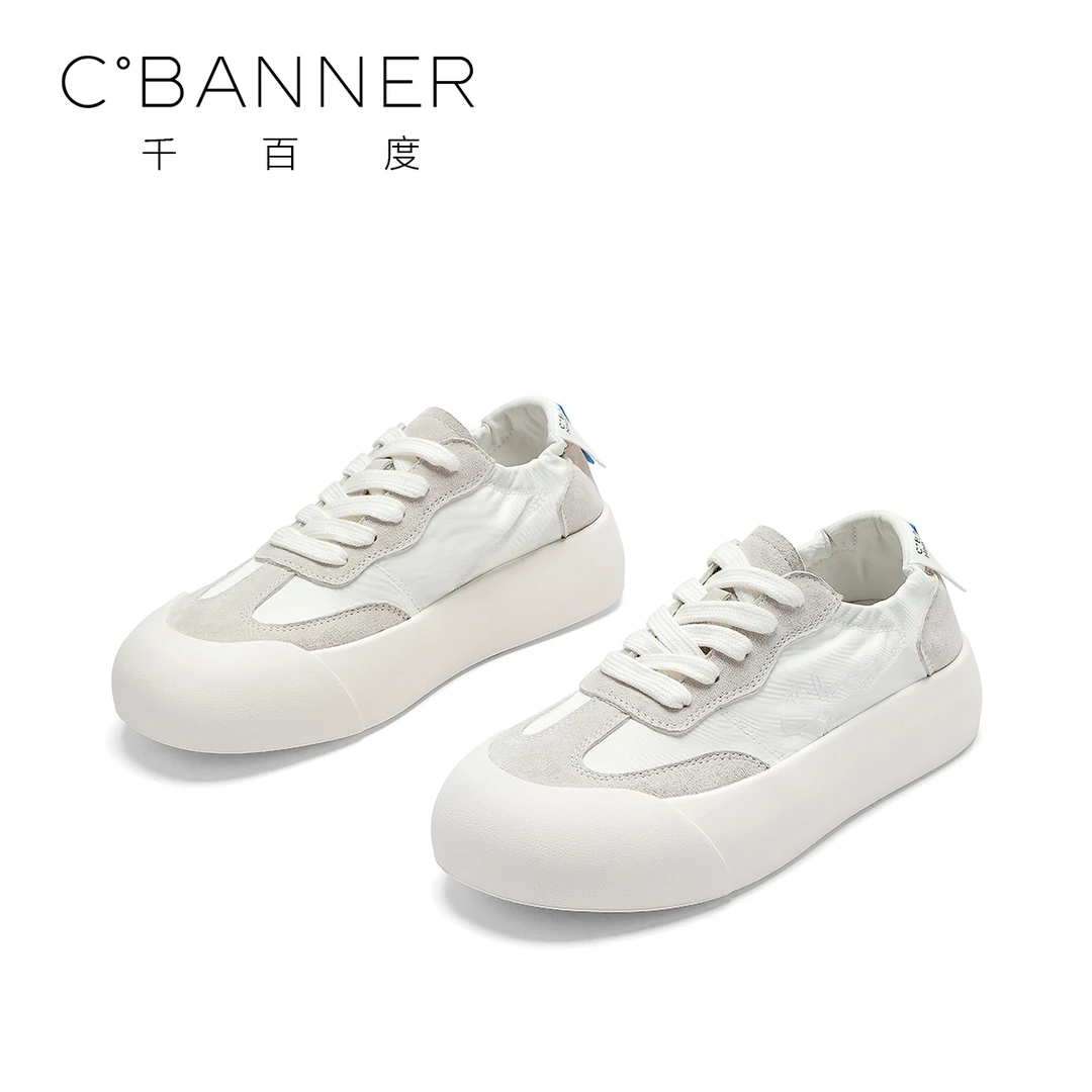 千百度2025新款系带透气休闲鞋女士拼接时尚帆布鞋百搭软底小众