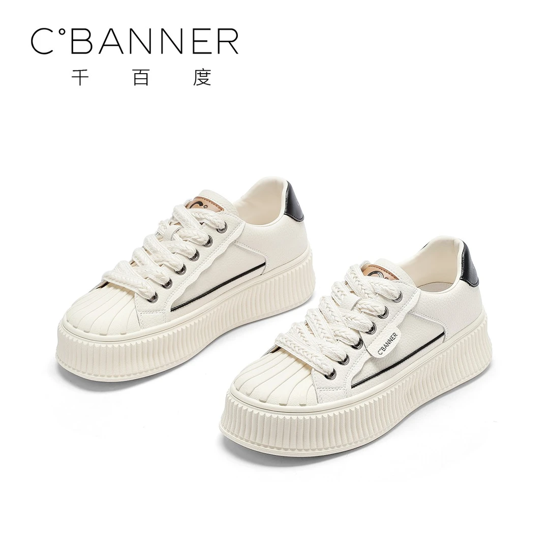 C.BANNER/千百度25新款贝壳头韩版休闲鞋女士舒适系带饼干鞋百搭