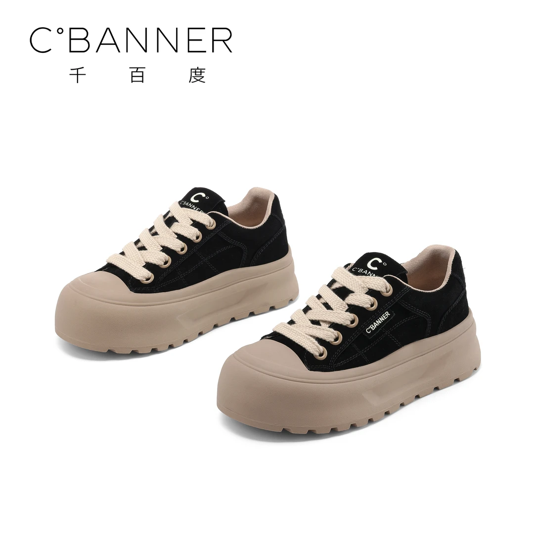 C.BANNER/千百度厚底休闲板鞋女2025新款复古真皮百搭运动大头鞋