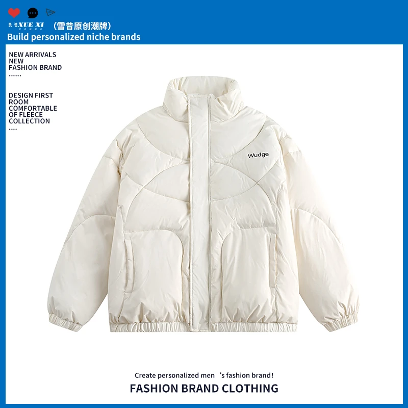 美式潮牌立领绗缝棉服复古菱形格加厚棉衣宽松休闲男女保暖外套