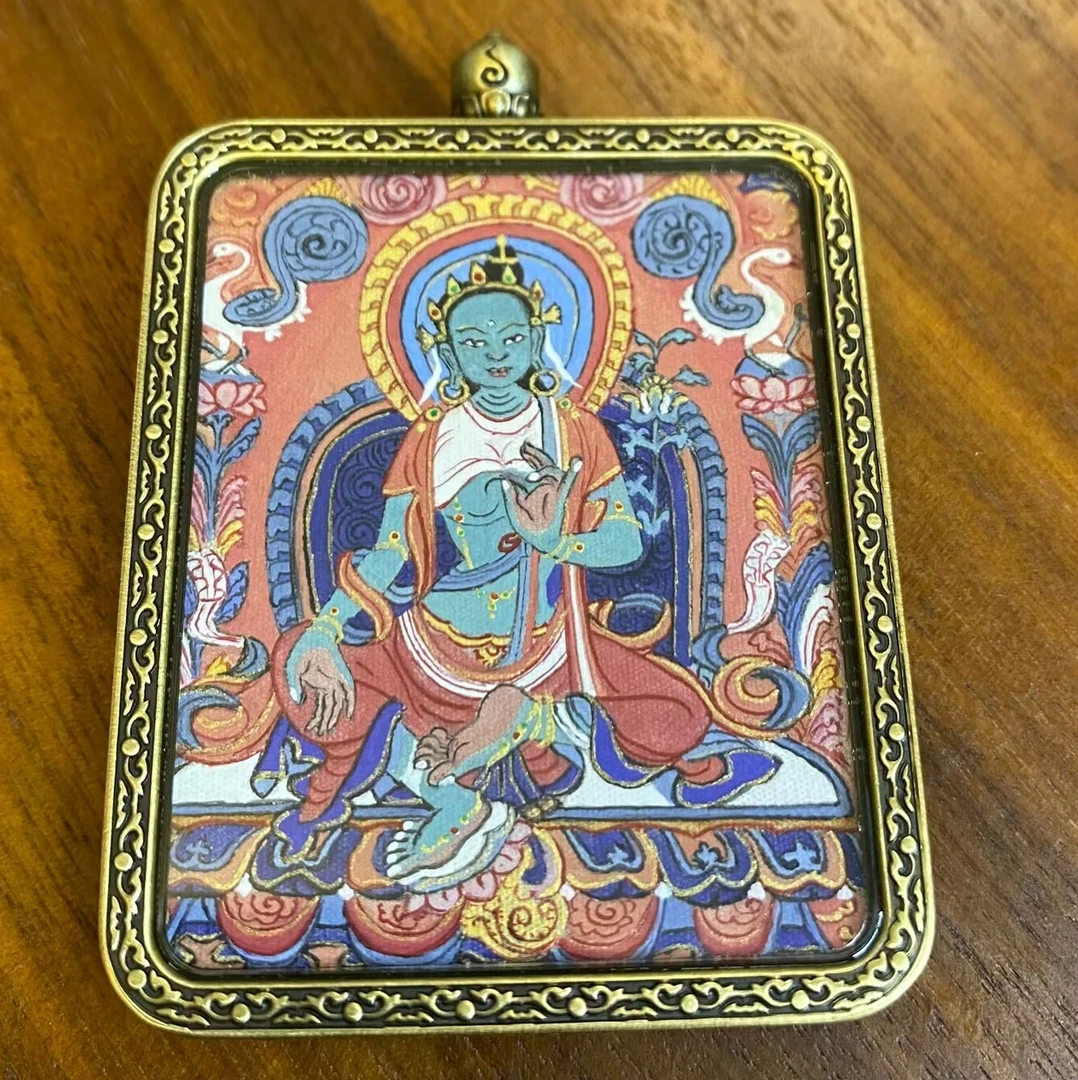 齐岗绿度顿珠画师矿料手绘 4x5cm芯 小唐卡 带壳与手编藏绳