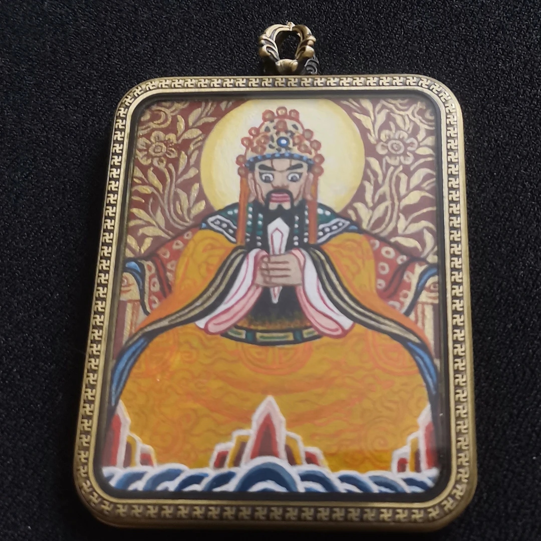 西藏矿料手绘小唐卡五财爷4x5cm画芯 壳与藏绳多款任选选一