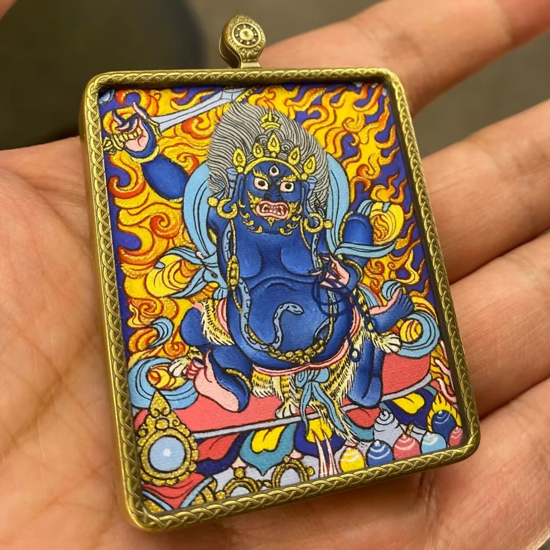 不动明王呢玛画师手绘小唐卡4x5芯铜钛钢壳及藏绳任选