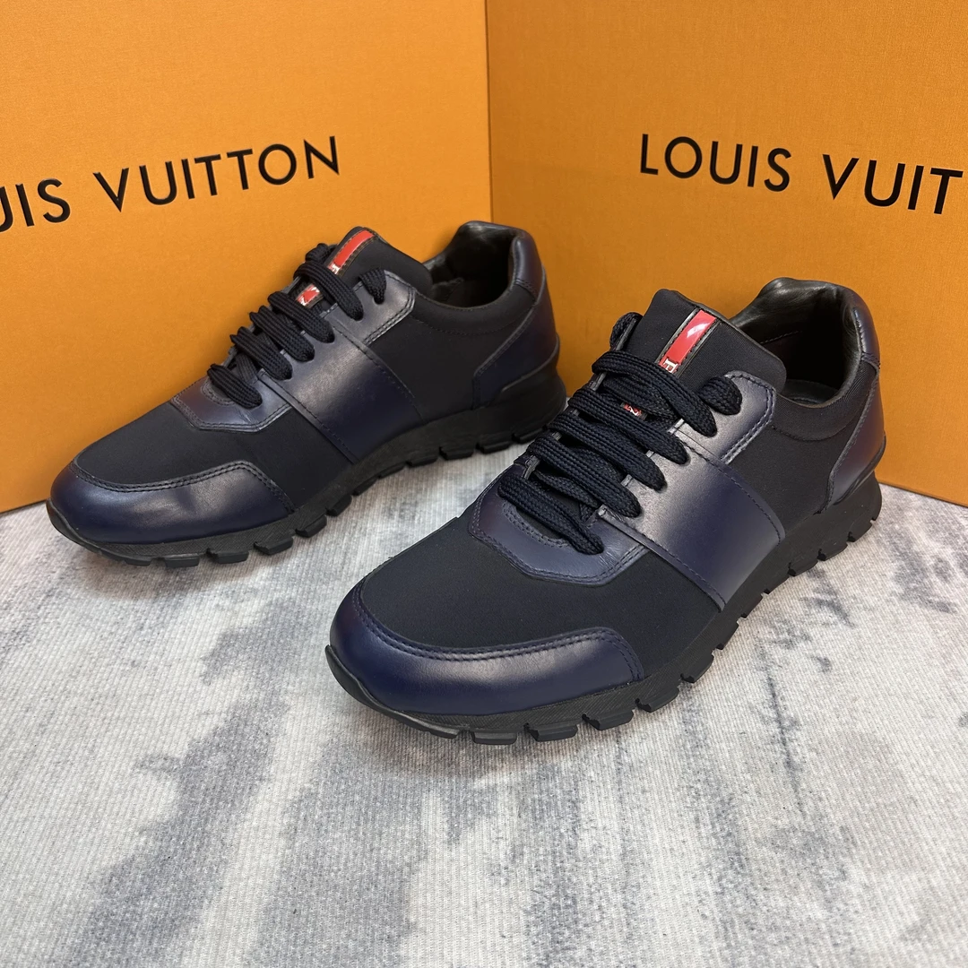 95新 Prada/普拉达 黑蓝布面皮革拼接运动鞋/97新39欧