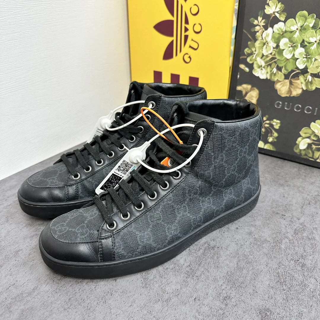 GUCCI/古驰双G满印黑色高帮板鞋/39码/96新 H男鞋百搭休闲系带