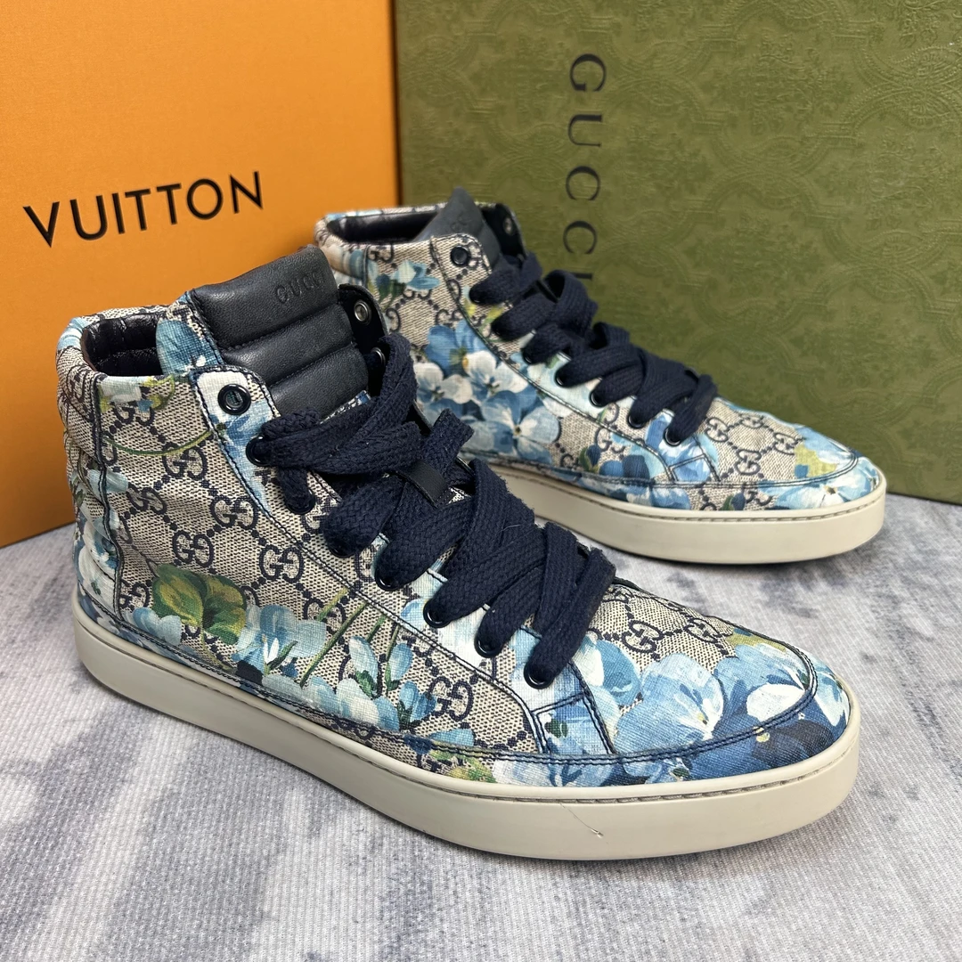 95新 GUCCI/古驰 蓝色高帮花卉印花满印复古休闲鞋（特价42.5欧