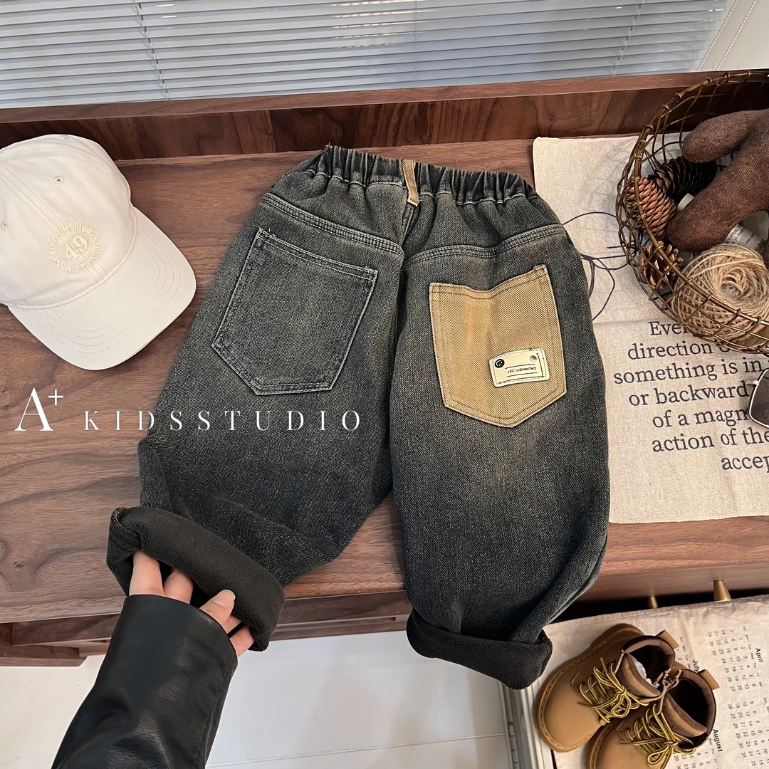 现货【文文妈】冬装儿童韩版时尚潮流复古百搭牛仔日常加绒裤D23014