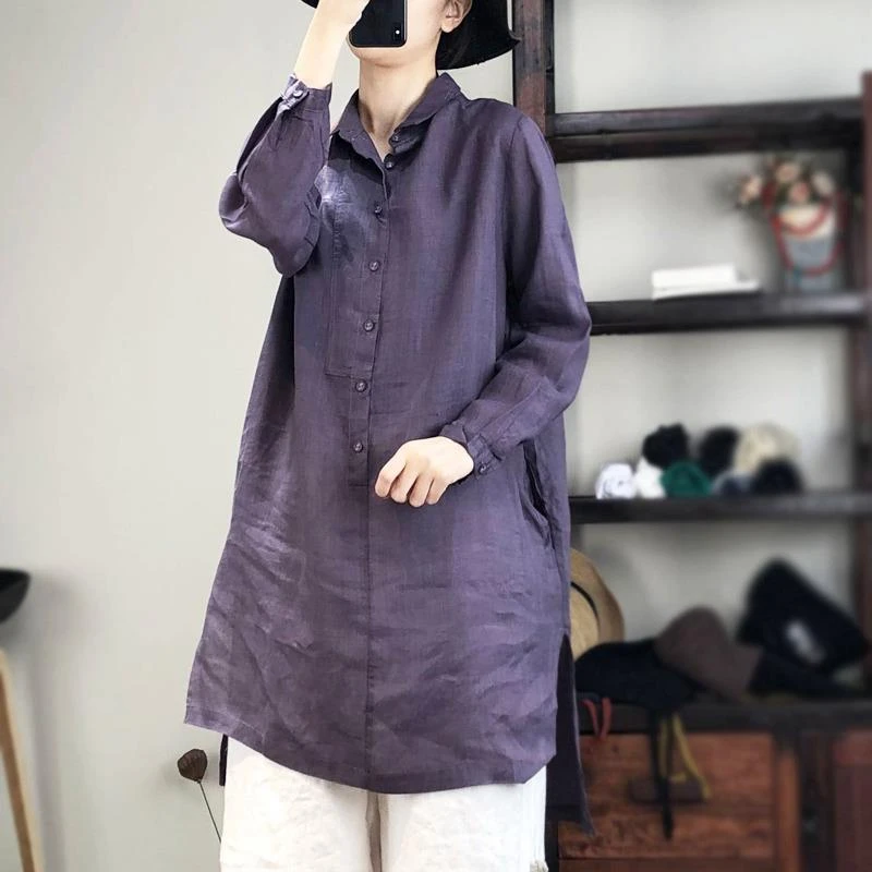 捡漏高端气质亚麻长袖衬衫女春秋宽松显瘦休闲中长款棉麻开衫上衣