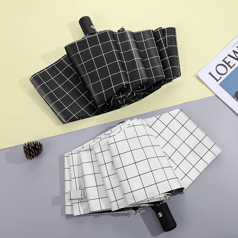 批发格子太阳伞手动反向雨伞折叠防晒遮阳晴雨两用伞黑胶三折太阳