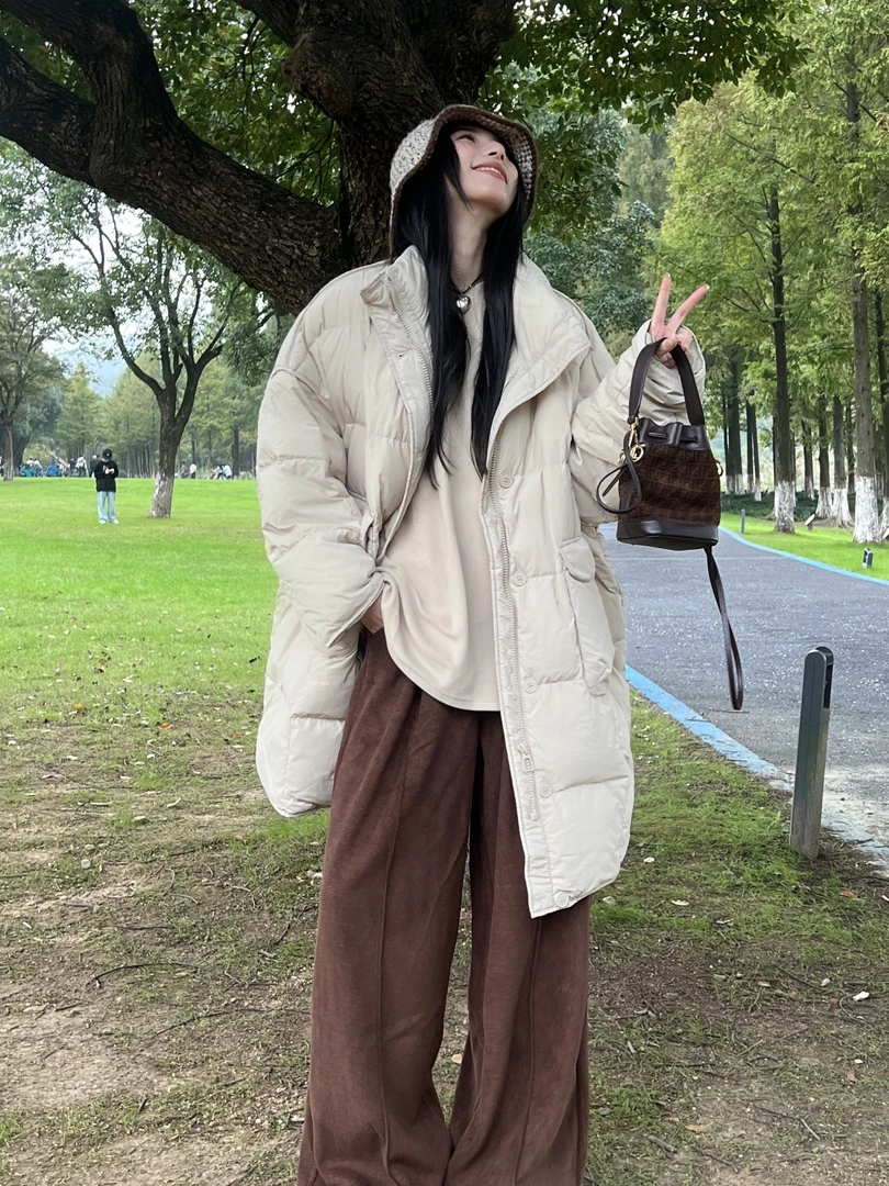 YSQ百搭纯色中长款羽绒服女冬季新款白鸭绒羽绒服外套