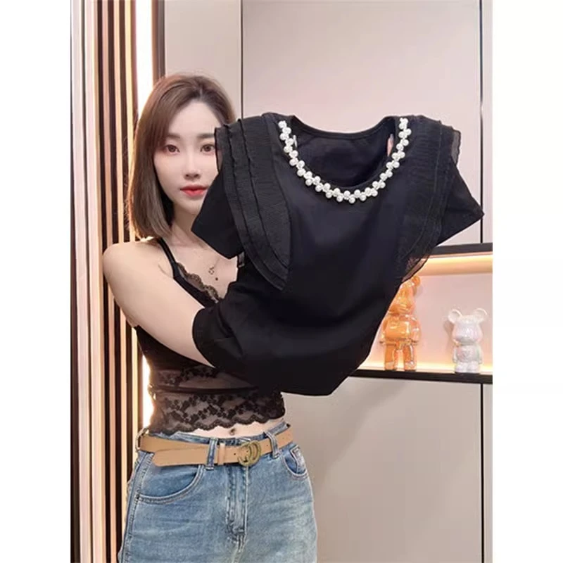 韩版时尚钉珠气质短袖T恤女夏季双肩荷叶边上衣洋气别致半袖小衫
