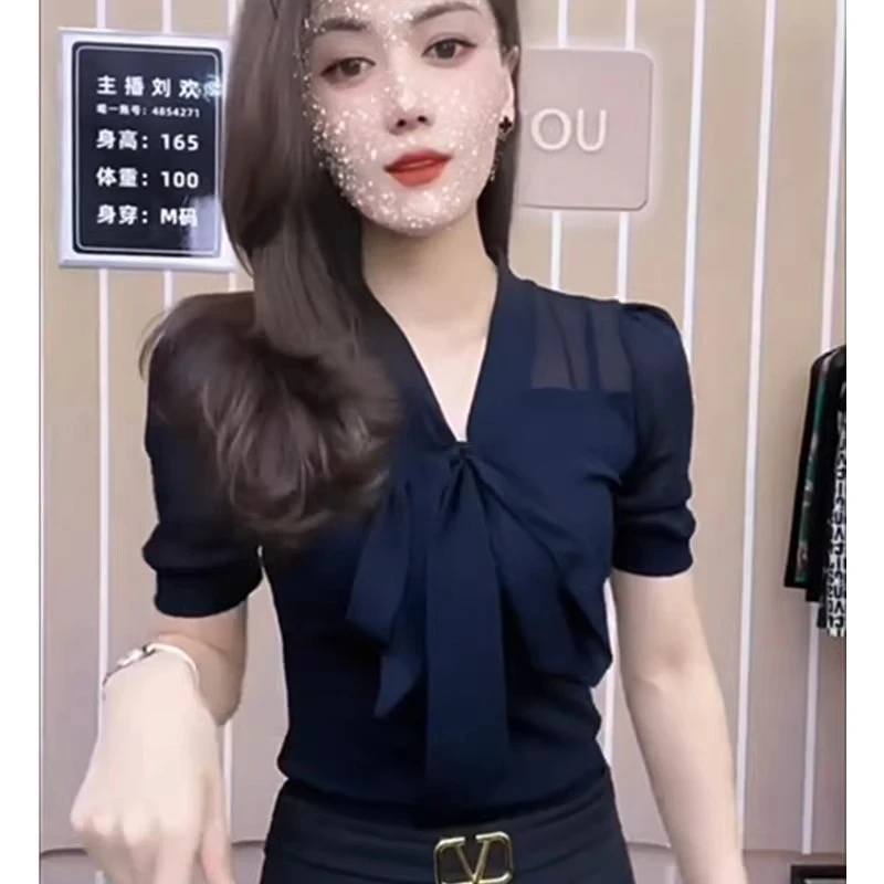 欧货V领系带网纱短袖T恤女2024夏季修身显瘦上衣时尚气质半袖小衫