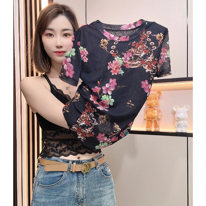 洋气碎花印花网纱短袖t恤女夏修身显瘦半袖上衣减龄漂亮欧货小衫
