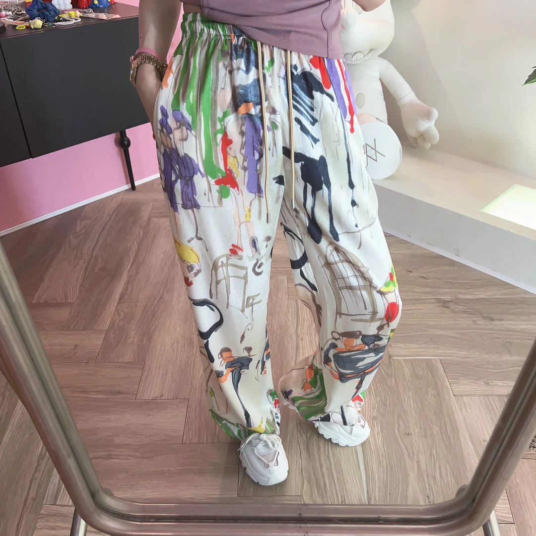 Apr.【印象派】羽毛丝底纹色卡油画风松紧腰直筒长裤凉凉空调薄款