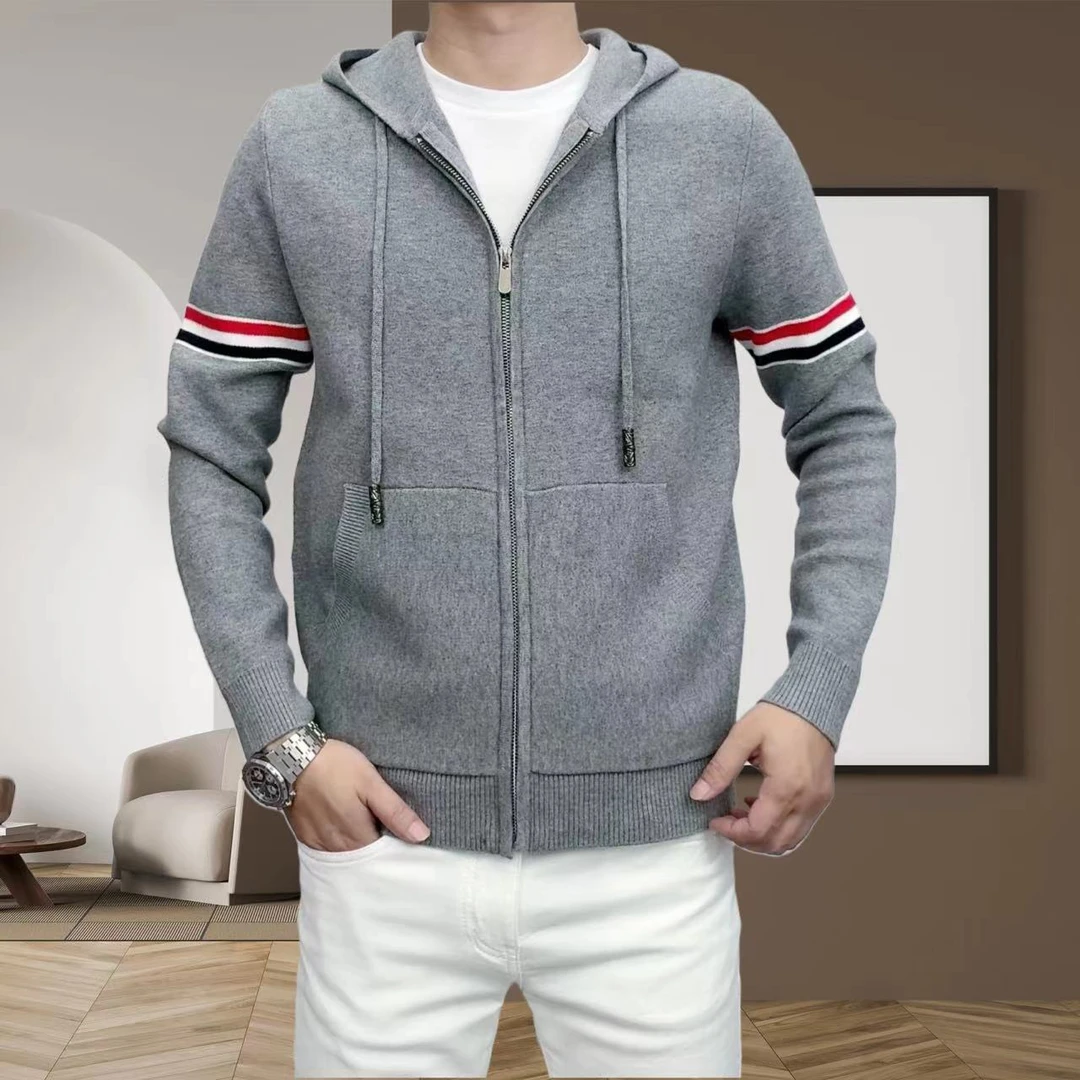 男士秋冬新款针织混纺拉链连帽高品轻奢休闲百搭拼色潮流时尚开衫