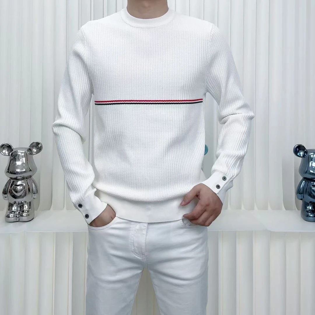 男士秋冬新款华夫格织带针织混纺圆领轻奢休闲百搭纯色高品质毛衣