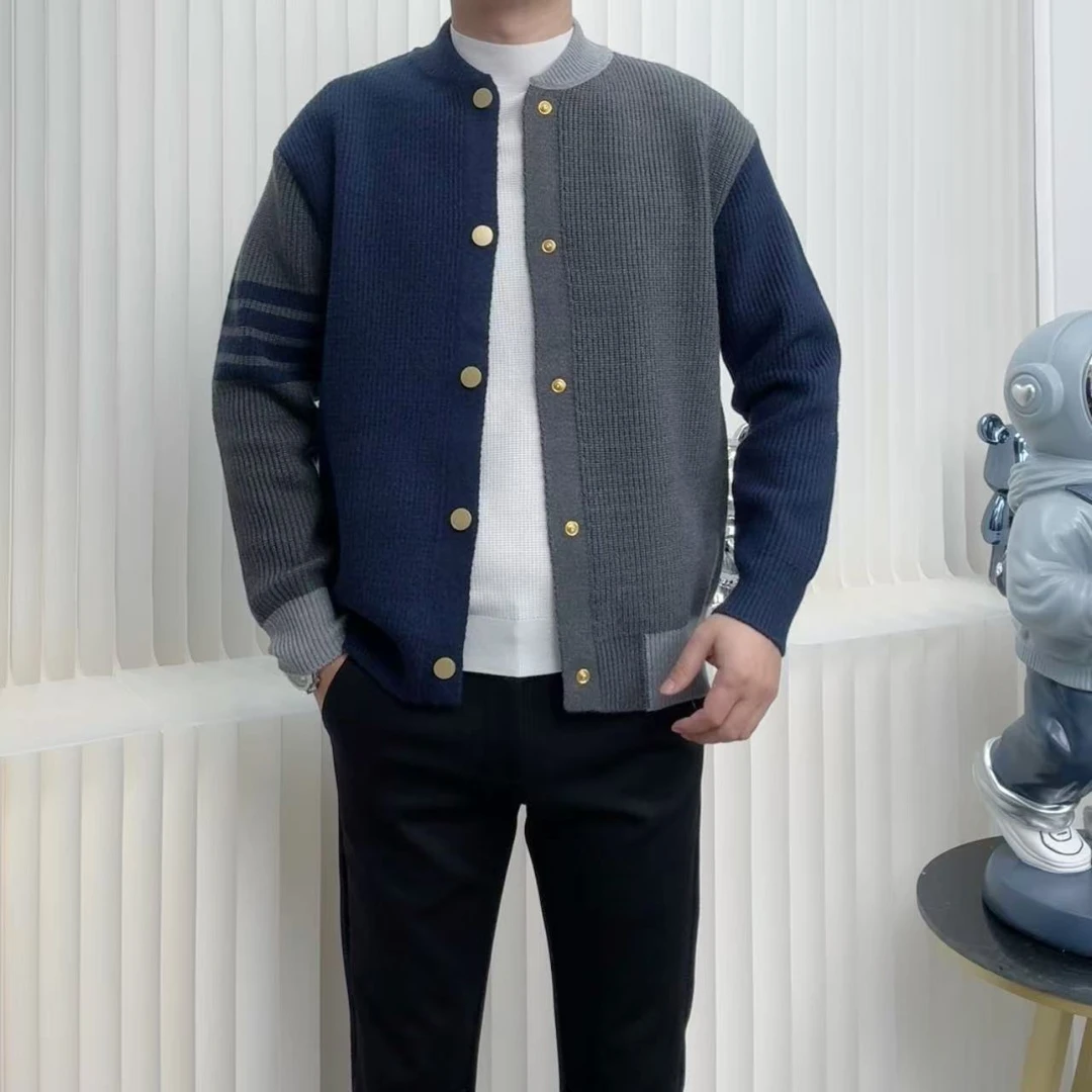 男士针织拼色轻奢高品休闲百搭纯色按扣条纹修身单穿内搭开衫毛衣