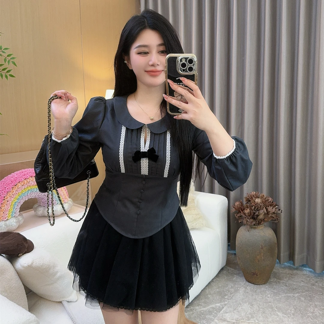 微胖大码女装秋冬 显瘦气质长袖设计感小个子收腰法式娃娃领衬衫