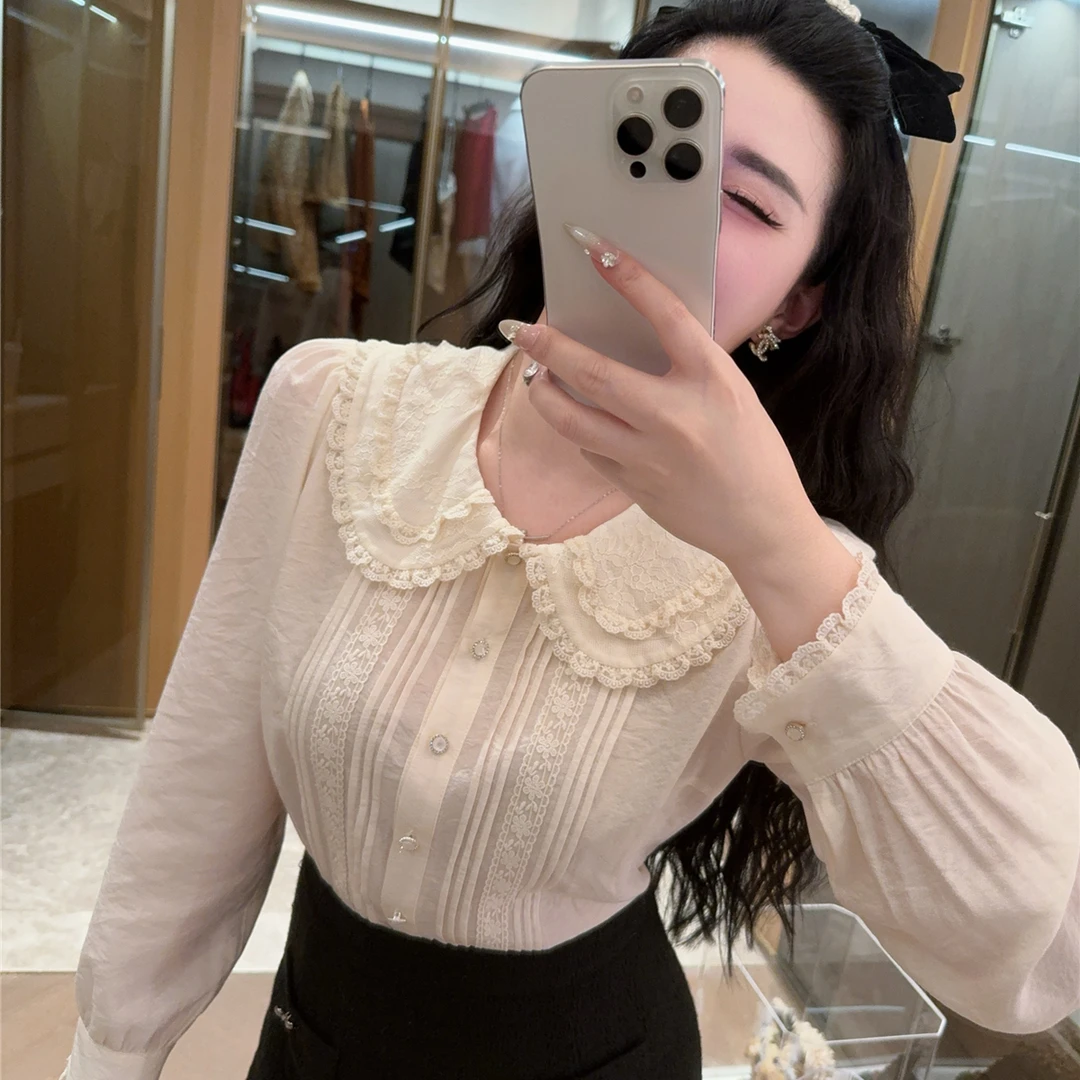 微胖大码女装春季 轻奢蕾丝法式气质百搭显瘦娃娃领打底长袖衬衫1