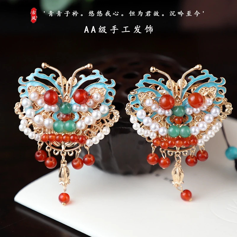 龙年发夹古风醒狮精致小边夹对夹汉服女款头饰侧边流苏中国风夹子