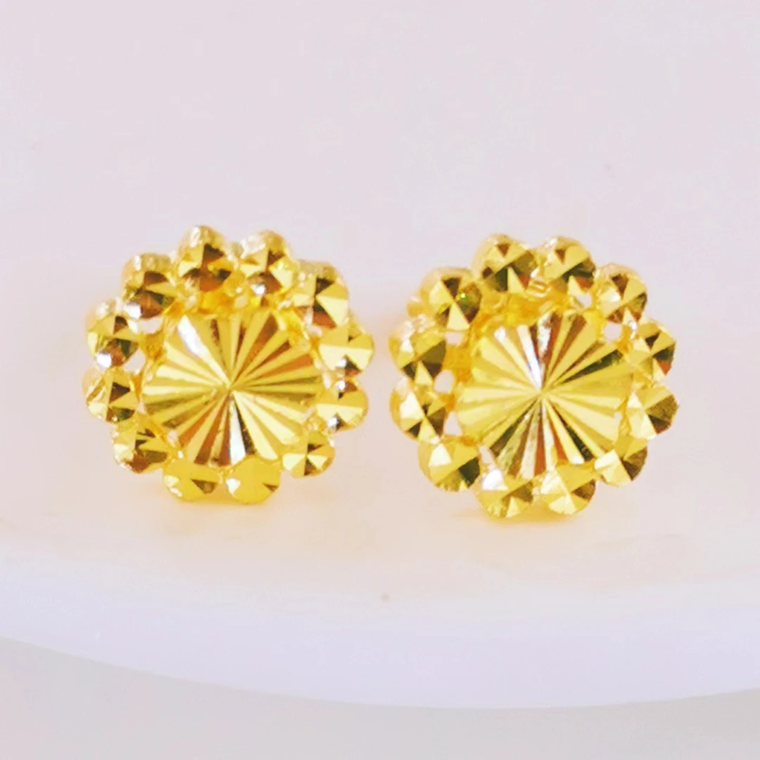 【富远黄金】足金双层仿钻太阳花弯针耳钉FYHR010584