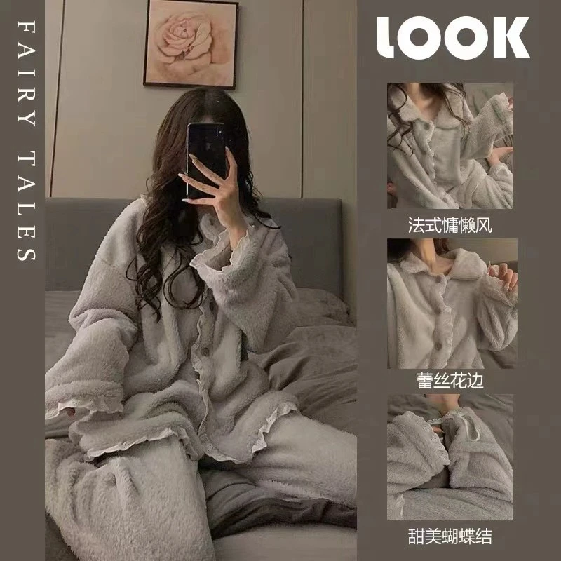 网红秋冬宽松法兰绒保暖毛绒睡衣女春秋珊瑚绒加绒加厚家居服冬季