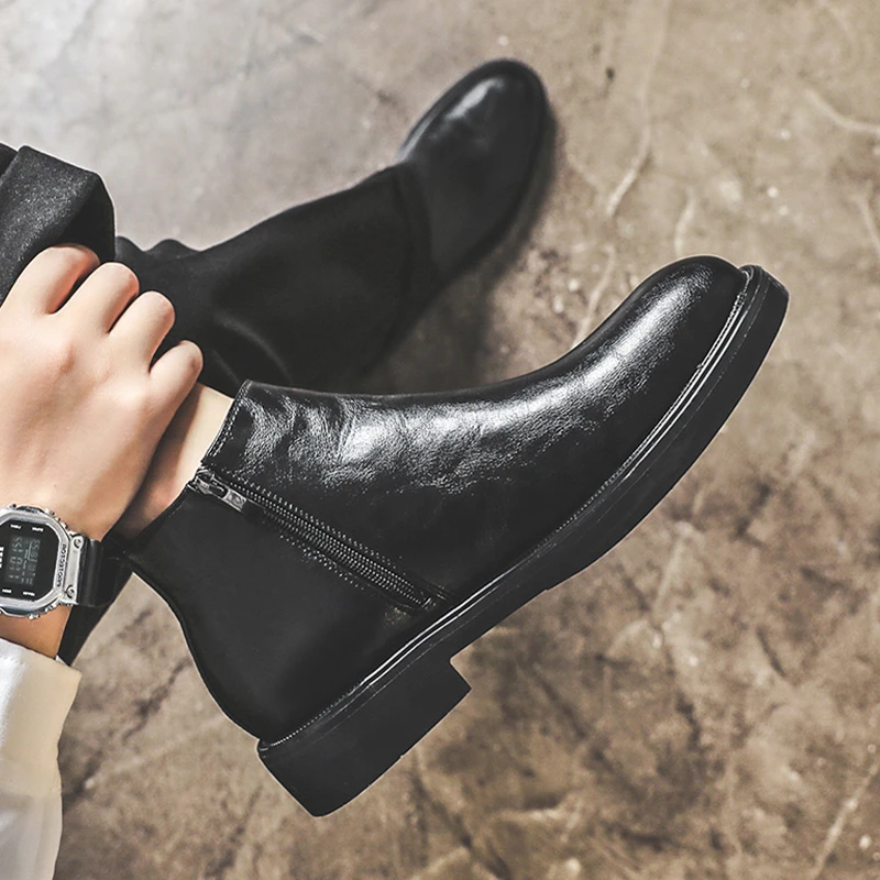 切尔西靴男中帮商务休闲超火男鞋2023新款皮靴时尚拉链潮男马丁靴